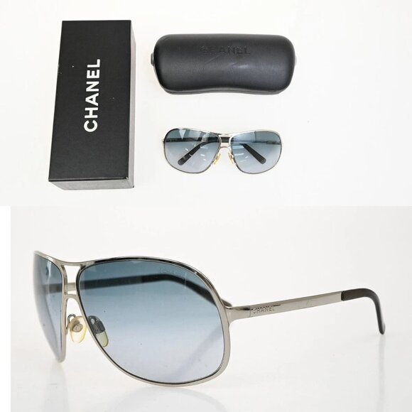 CHANEL Logo Aviator Sunglasses Eye Wear Metal Silver Italy 02RF393 - Picture 1 of 16